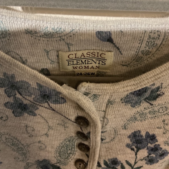 Classic Elements Grey and Blue Floral Paisley Print Long Sleeve Henley Top - Picture 3 of 4